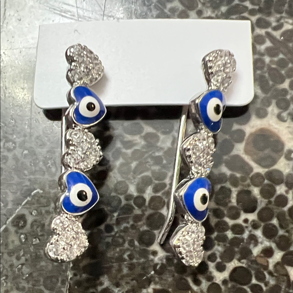 Ear Crawlers Silver and Blue Evil Eye & Hearts